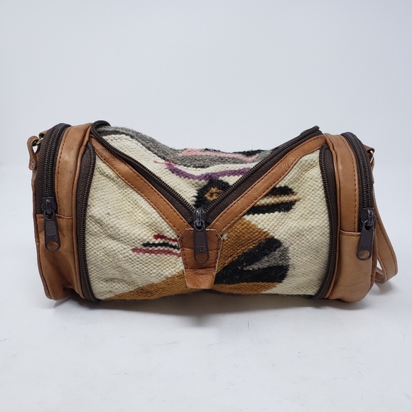 Vintage wool leather small crossbody duffle convertible zip bag - Picture 2 of 11